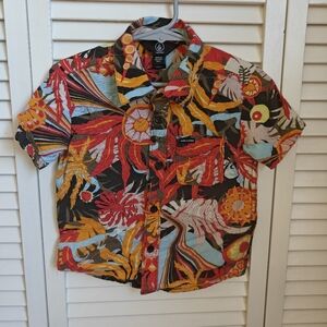 Volcom Psych Floral Short Sleeve Button Down Shirt in Army Colorway Size 3T